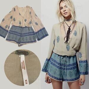 Free People M Janpath Romper | Boho Bell Sleeve, Fall Floral, Blue Beige